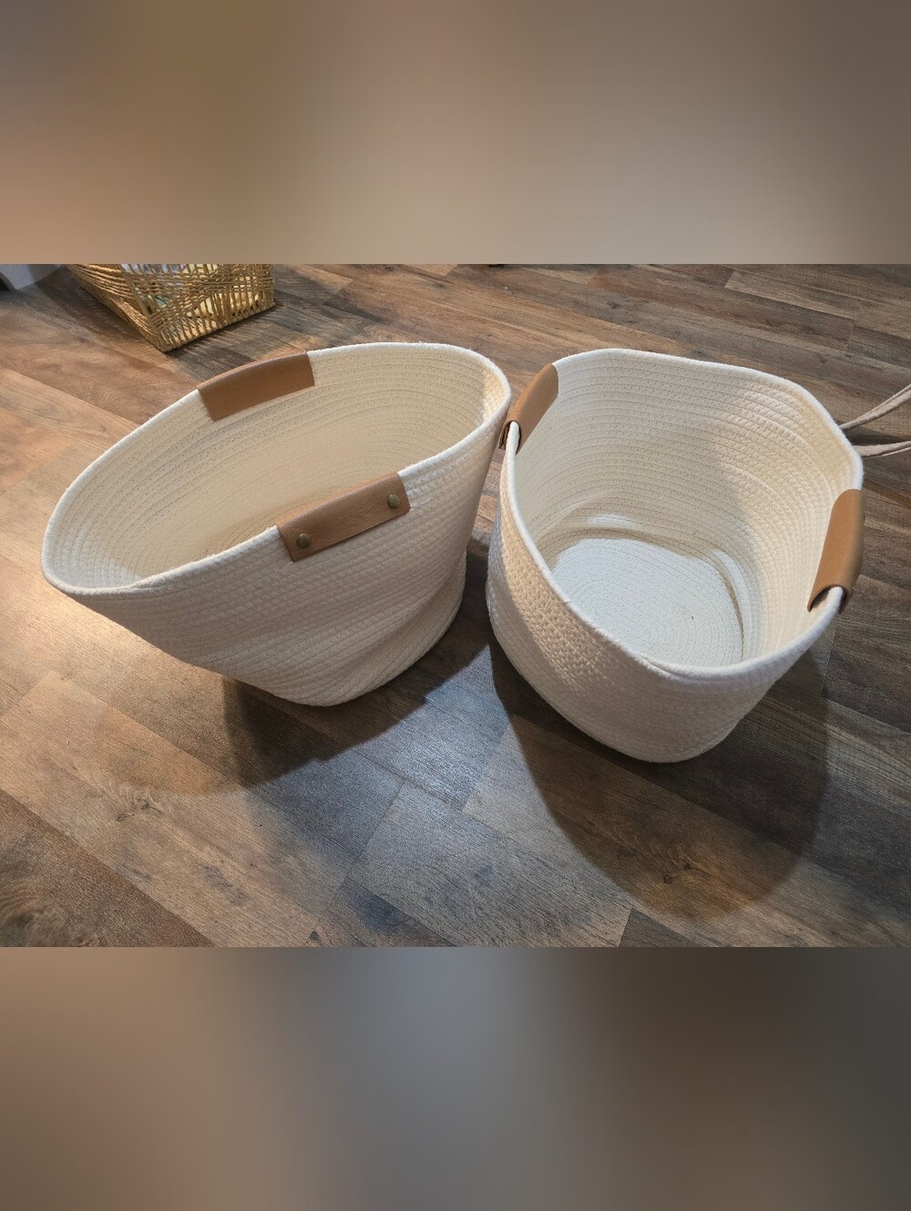 Cream Cotton Rope Storage Baskets with Tan Leather Handles